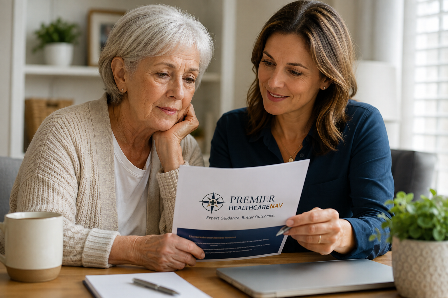 A mother and daughter reviewing a Premier HealthcareNav care plan together at home